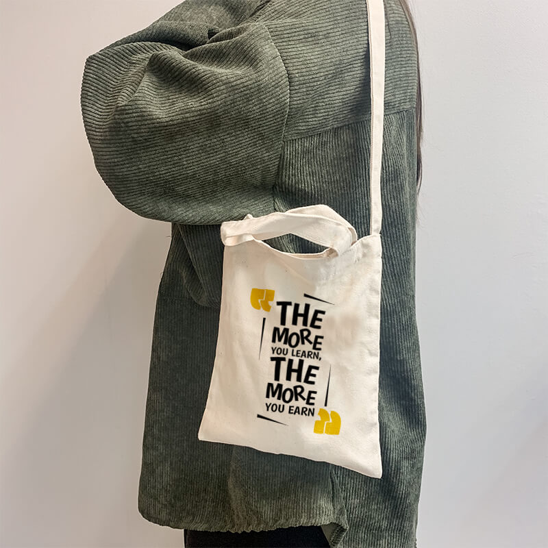 The More You Learn, The More Your Earn Mini Canvas Tote-bag, Custom our iTee template and make it yours. Model View