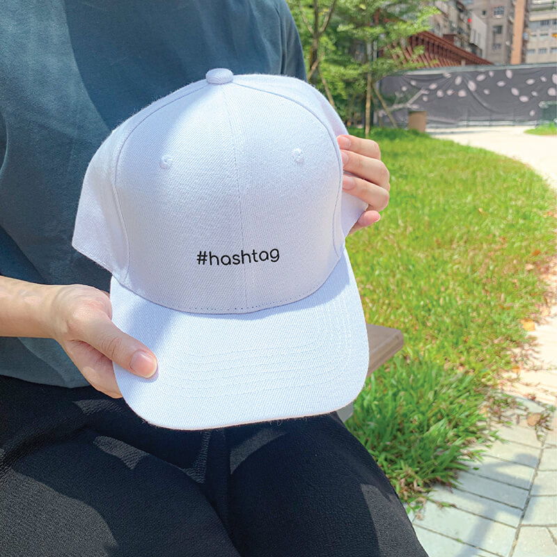 #hashtag White Embroidered Cap, Custom our iTee template and make it yours. Model View